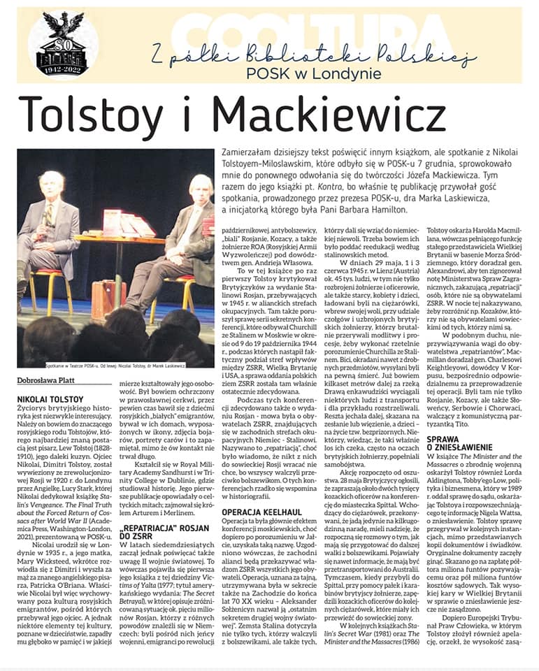 Z półki Biblioteki Polskiej POSK w Londynie: Tolstoy i Mackiewicz, autor dr Dobrosława Platt, dyrektor BP POSK