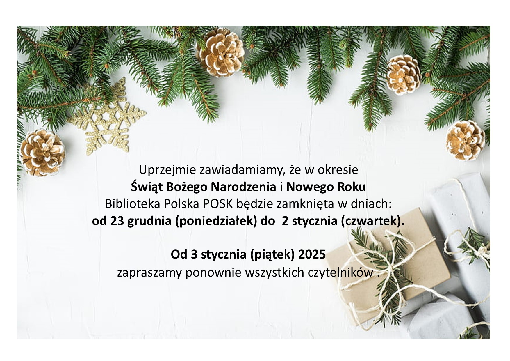 Godziny otwarcia biblioteki w okresie świąteczno-noworocznym