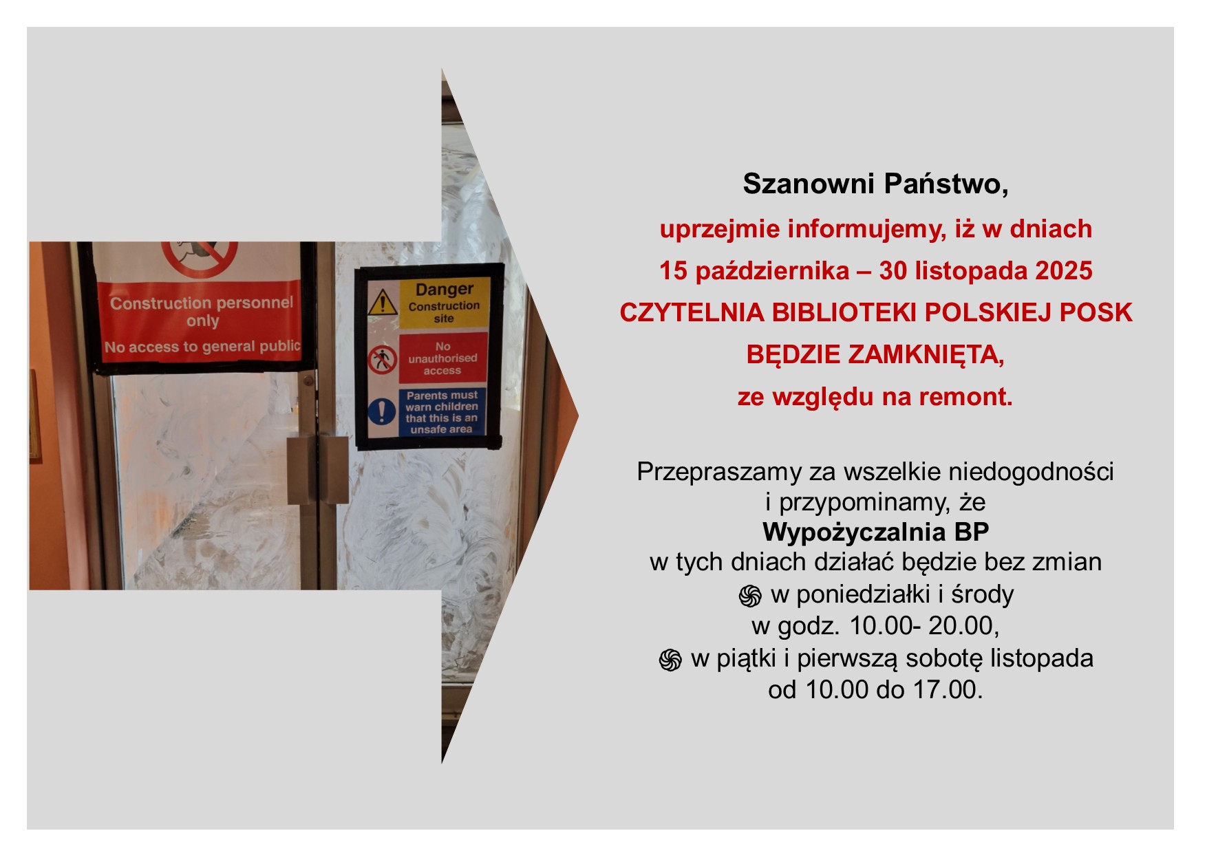 Informacja o tymczasowym zamknięciu Czytelni w Bibliotece Polskiej POSK