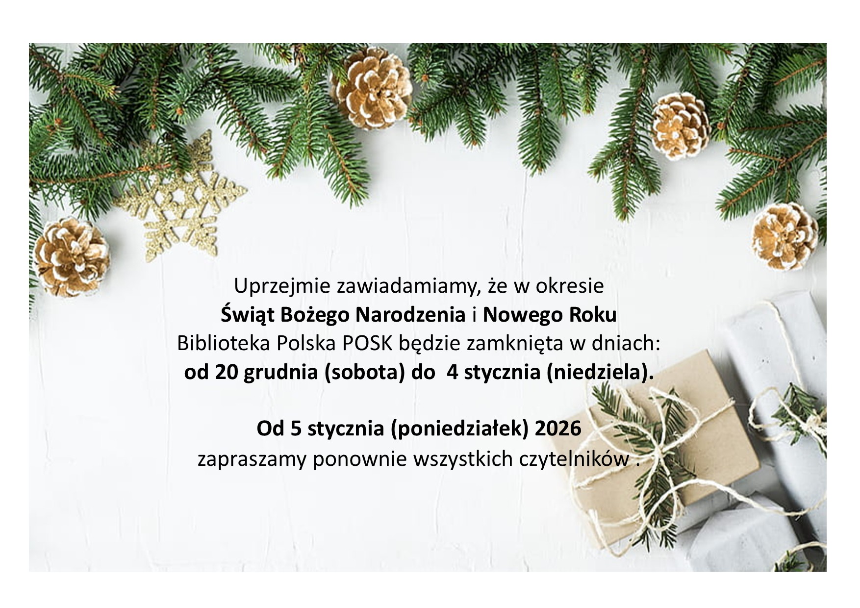 Godziny otwarcia Biblioteki w okresie świąteczno-noworocznym