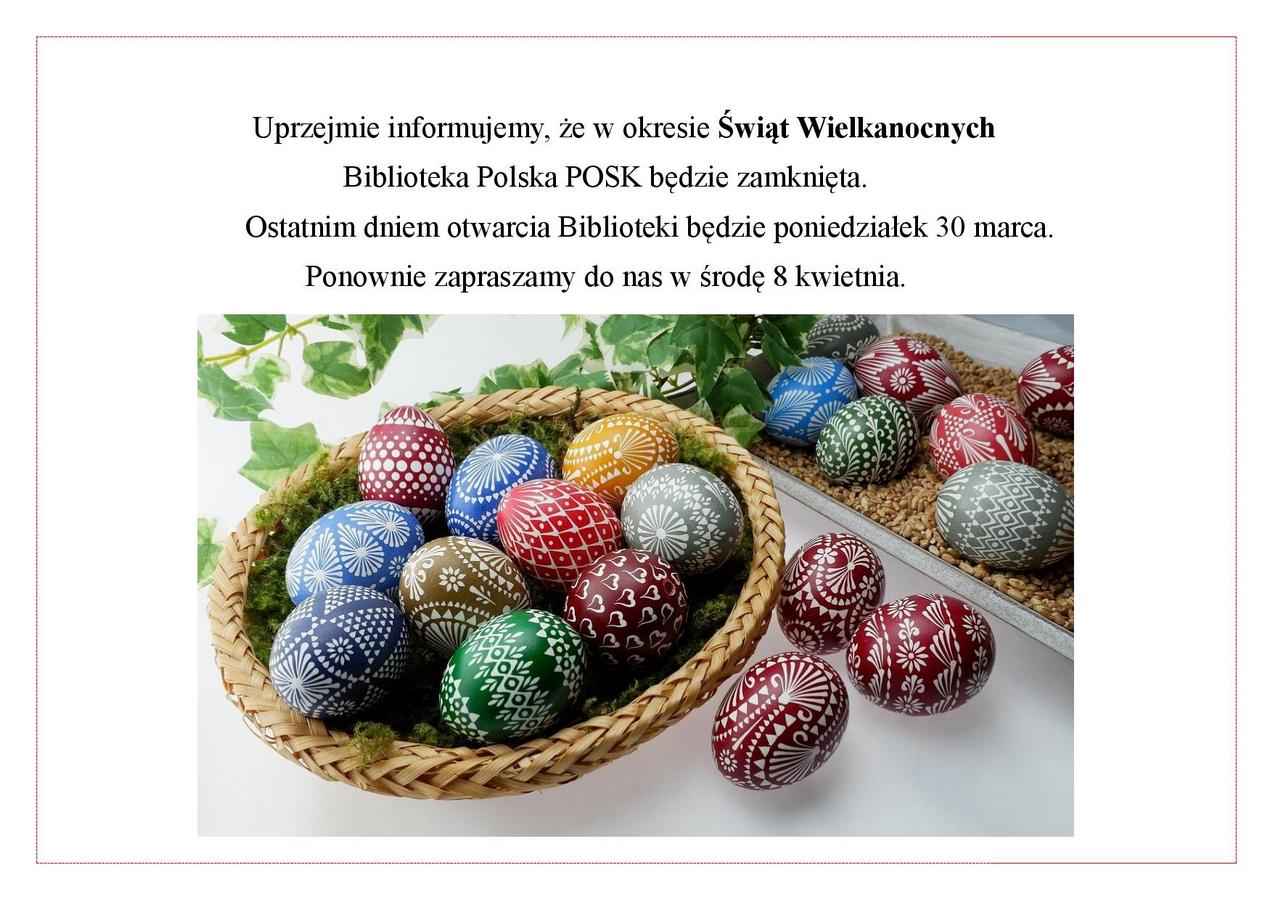 Godziny otwarcia Biblioteki w okresie wielkanocnym